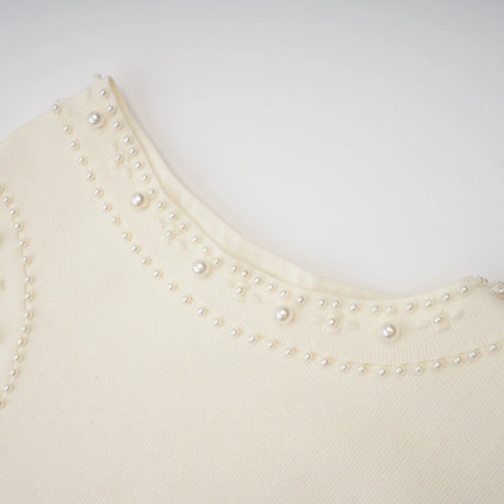 Clementina Maxi Dress White Faux - Pearl Embellished Pleated Scallop Hem