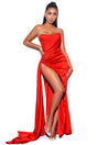 Clementina Red Satin Mesh Corset Dress with Thigh-High Slit