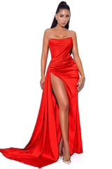 Clementina Red Satin Mesh Corset Dress with Thigh-High Slit