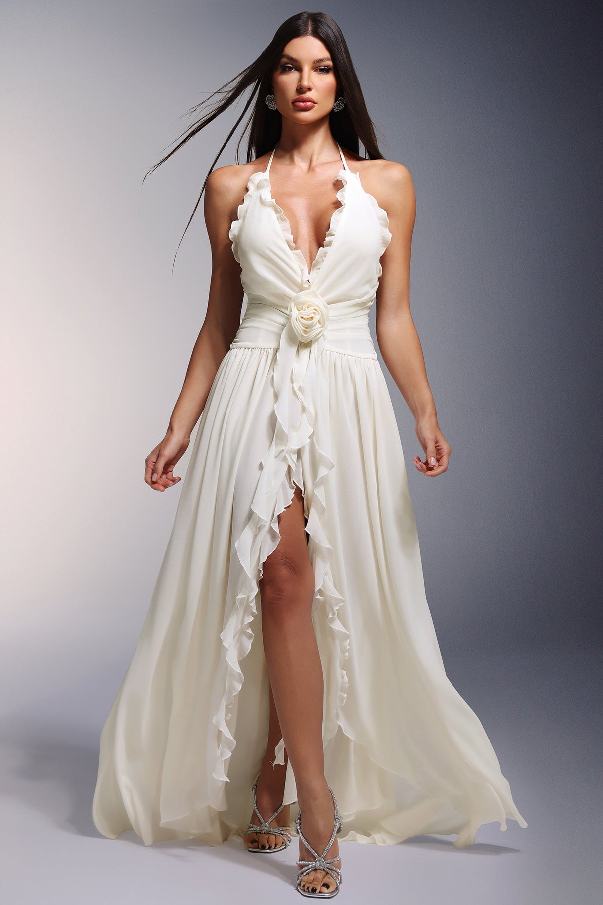 Clementina White Floral Maxi Dress with Deep-V Neckline and High Slit Design