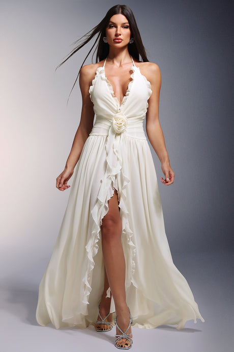Clementina White Floral Maxi Dress with Deep-V Neckline and High Slit Design