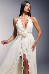 Clementina White Floral Maxi Dress with Deep-V Neckline and High Slit Design