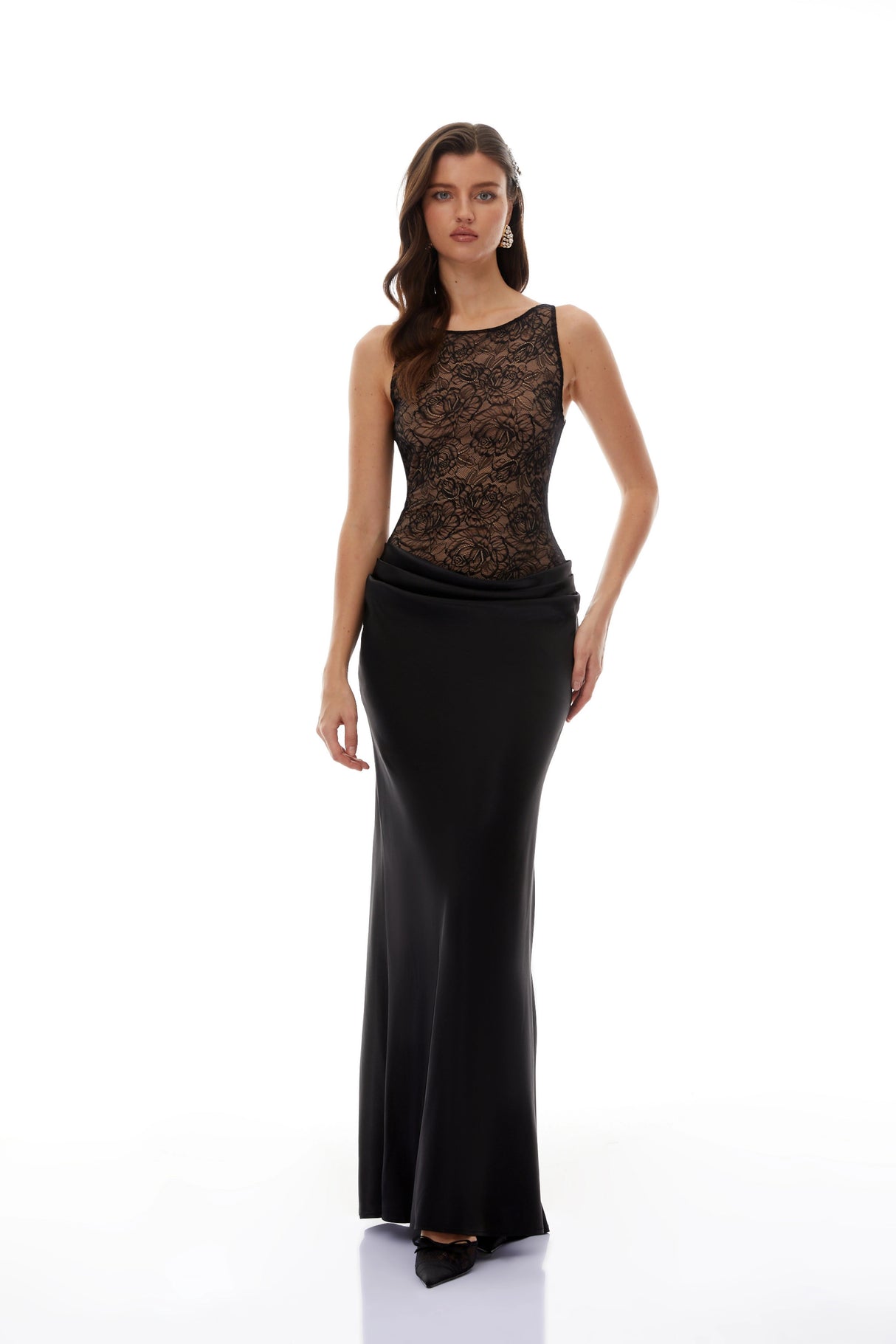 Clementine Black Floral Lace Corset Maxi Dress