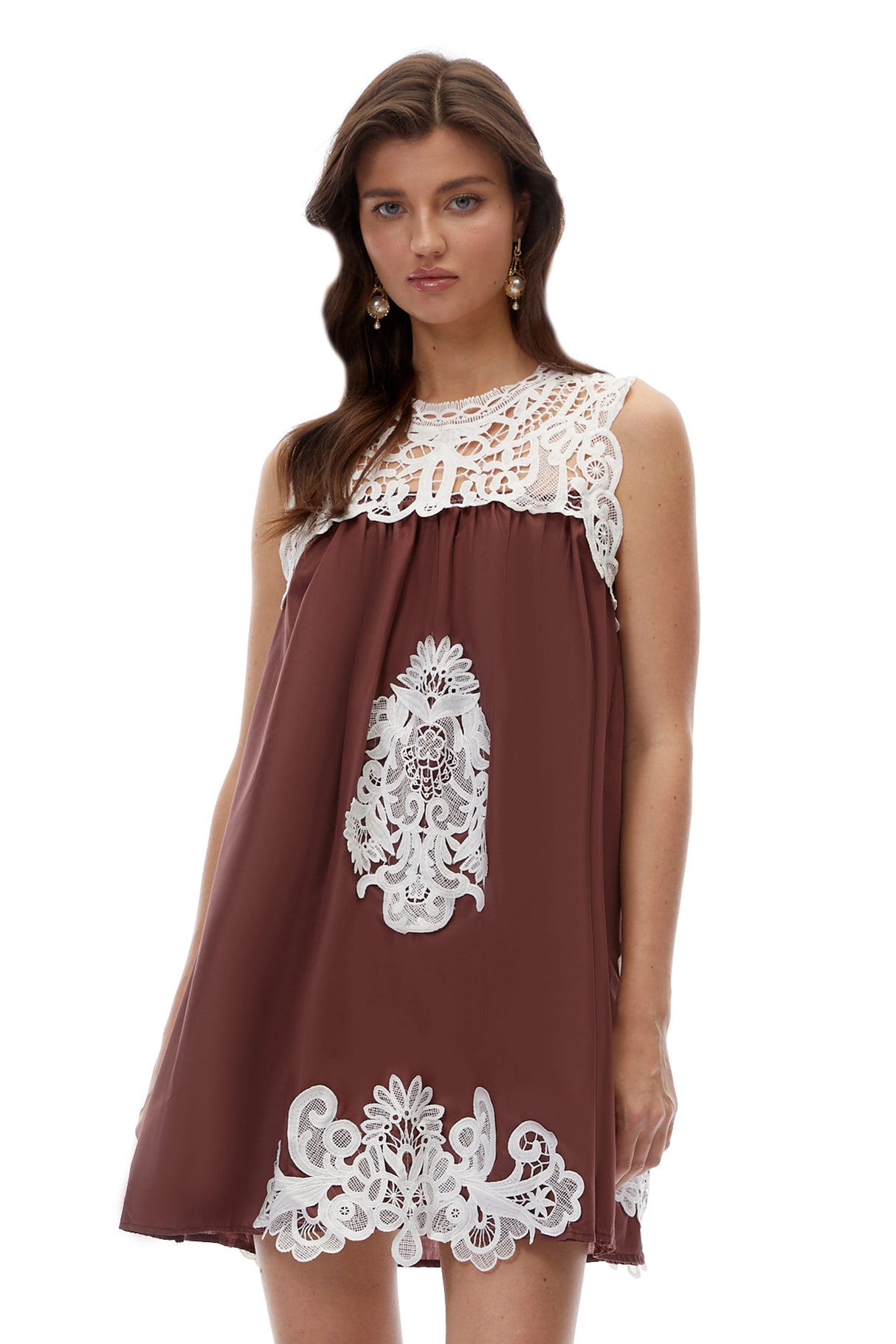 Clementine Chocolate Brown CutOut Mini Dress with Lace Panels