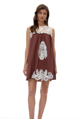 Clementine Chocolate Brown CutOut Mini Dress with Lace Panels