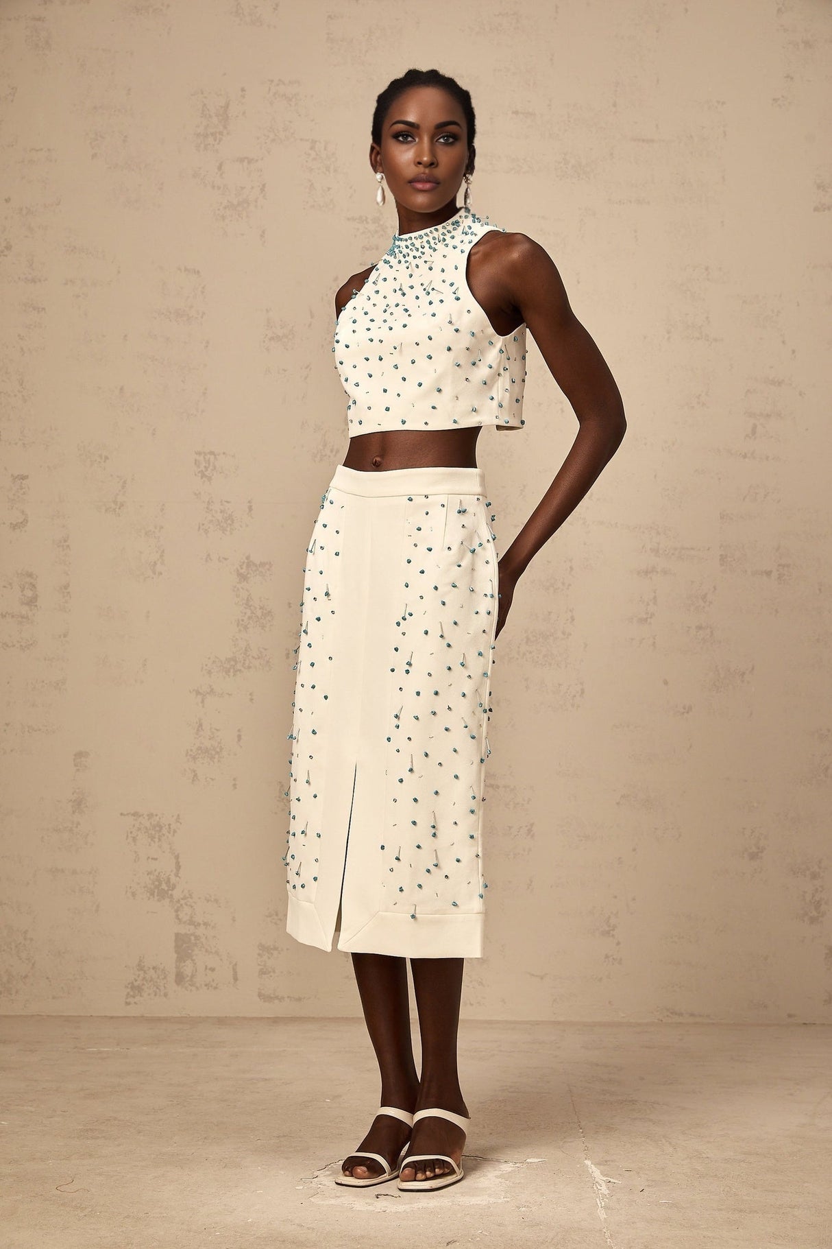 Clothilde matching set featuring an off white embellished top and skirt