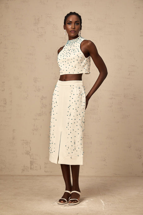 Clothilde matching set featuring an off white embellished top and skirt