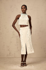 Clothilde off white embellished matching top and skirt set on display