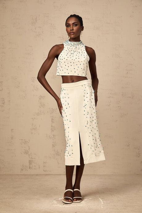 Clothilde off white embellished matching top and skirt set on display
