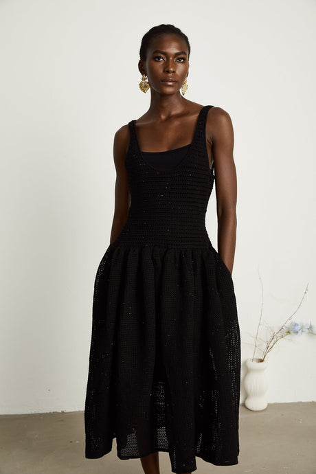 Clotilde black crochetknit midi dress