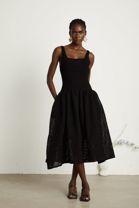 Clotilde black crochetknit midi dress