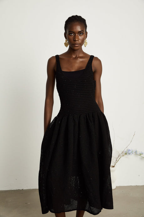 Clotilde black crochetknit midi dress