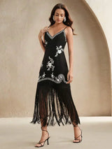 Cocktail Party Vacation Retro Tassel Embroidered VNeck Slip Dress For Women