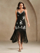 Cocktail Party Vacation Retro Tassel Embroidered VNeck Slip Dress For Women
