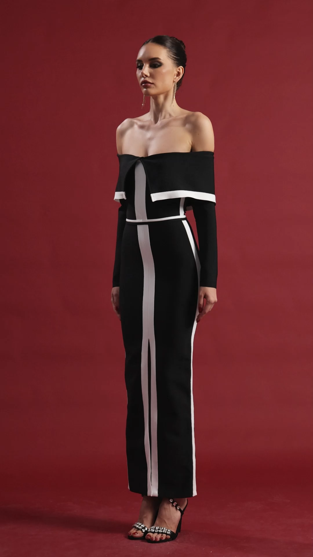 Colette Black Off-Shoulder Maxi Dress with Stripe Detailing