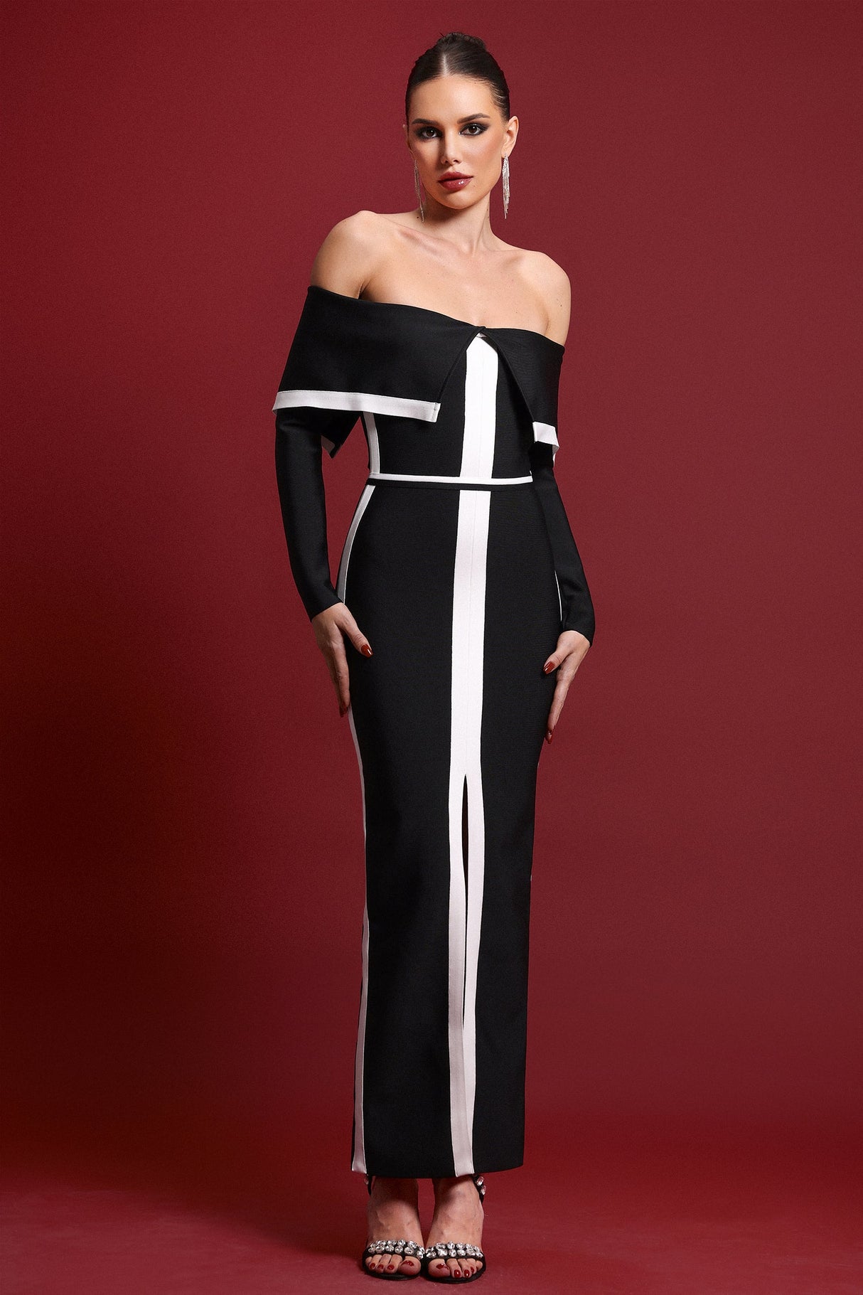 Colette Black Off-Shoulder Stripe Detail Maxi Dress