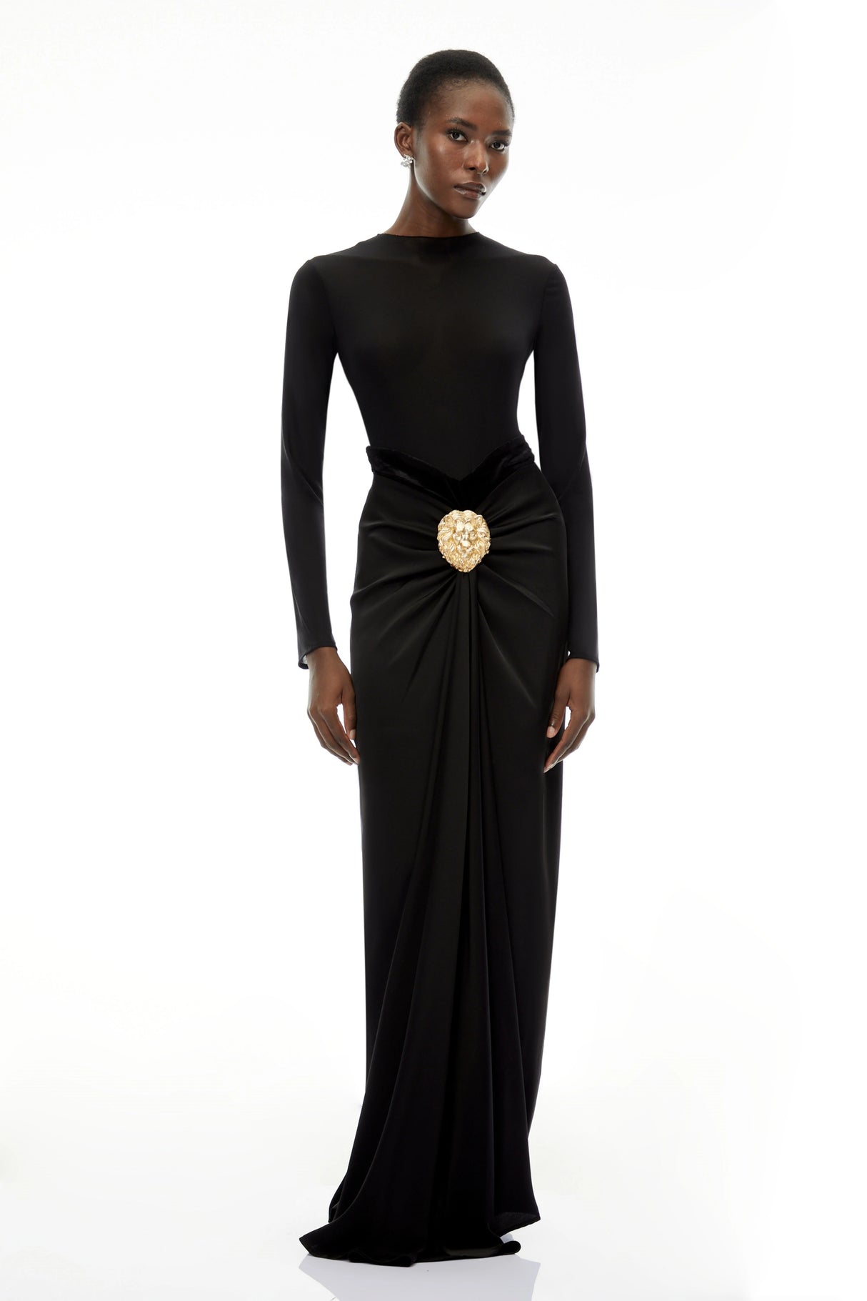 Colette Black Ruched Maxi Dress with Satin Panels