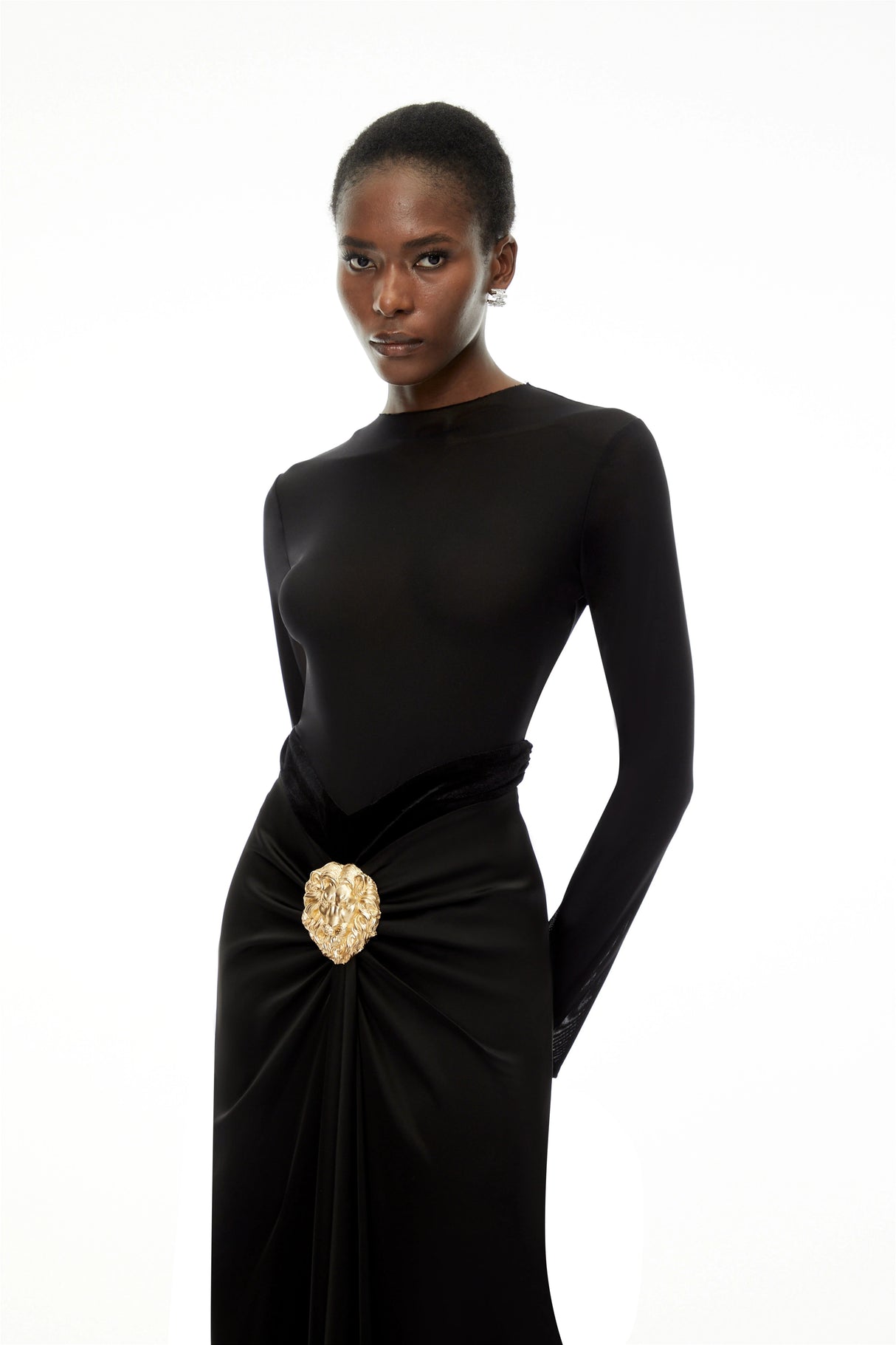Colette Black Ruched Maxi Dress with Satin Panels