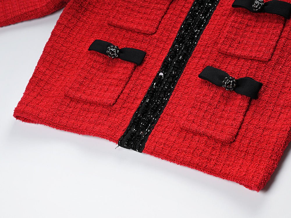 Colette Jacket & Skirt Set - Striking Knit - Tailored Fit - Accents - Decorative Bows - Flared Hem