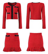 Colette Jacket & Skirt Set - Striking Knit - Tailored Fit - Accents - Decorative Bows - Flared Hem