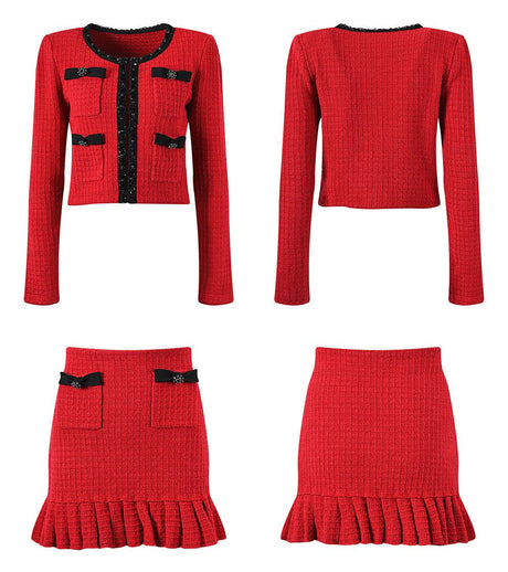 Colette Jacket & Skirt Set - Striking Knit - Tailored Fit - Accents - Decorative Bows - Flared Hem