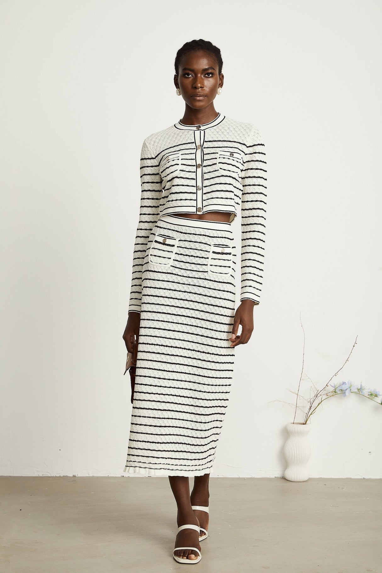 Colette pointelleknit cardigan  skirt matching set