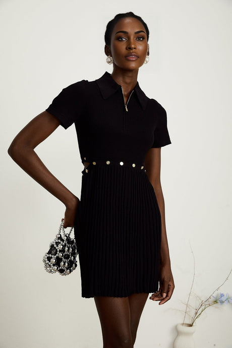 Coline black knitted pleated mini dress