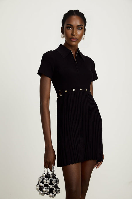 Coline black knitted pleated mini dress