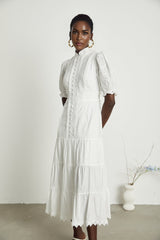 Coline Midi Dress - Soft Round Neckline - Short Puffed Sleeves - Floral Embroidery - Tiered Skirt - Semi - Sheer Style