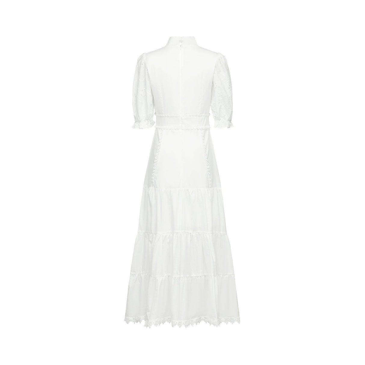Coline Midi Dress - Soft Round Neckline - Short Puffed Sleeves - Floral Embroidery - Tiered Skirt - Semi - Sheer Style