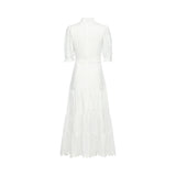 Coline Midi Dress - Soft Round Neckline - Short Puffed Sleeves - Floral Embroidery - Tiered Skirt - Semi - Sheer Style