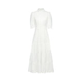 Coline Midi Dress - Soft Round Neckline - Short Puffed Sleeves - Floral Embroidery - Tiered Skirt - Semi - Sheer Style