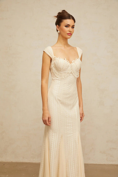 Colomba Maxi Dress Cream - White Faux - Pearl Embellished Feminine Flare