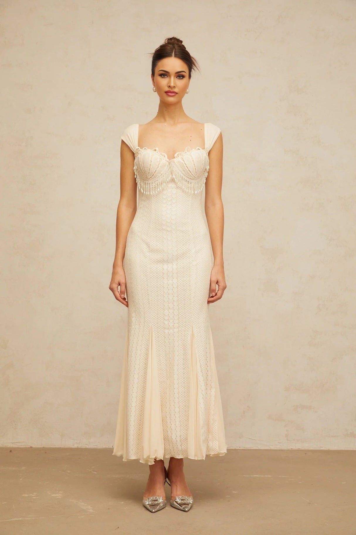 Colomba Maxi Dress Cream - White Faux - Pearl Embellished Feminine Flare