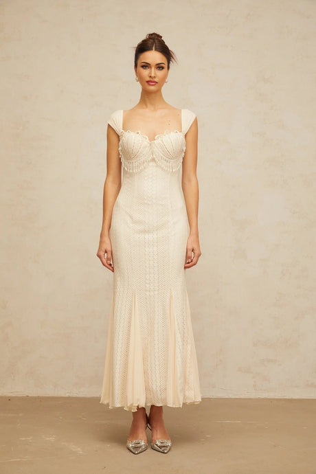 Colomba Maxi Dress Cream - White Faux - Pearl Embellished Feminine Flare