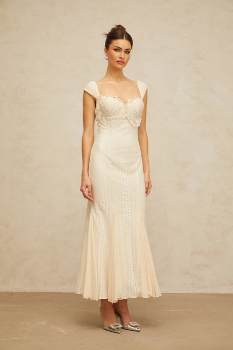 Colomba Maxi Dress Cream - White Faux - Pearl Embellished Feminine Flare