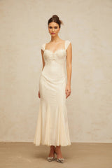 Colomba Maxi Dress Cream - White Faux - Pearl Embellished Feminine Flare