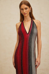 Colomba Midi Dress - Sleeveless Halterneck - Pleated Stripe Pattern - Sequin Embellishment - Metallic Threading - Rear Tie Fastening