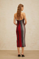 Colomba Midi Dress - Sleeveless Halterneck - Pleated Stripe Pattern - Sequin Embellishment - Metallic Threading - Rear Tie Fastening