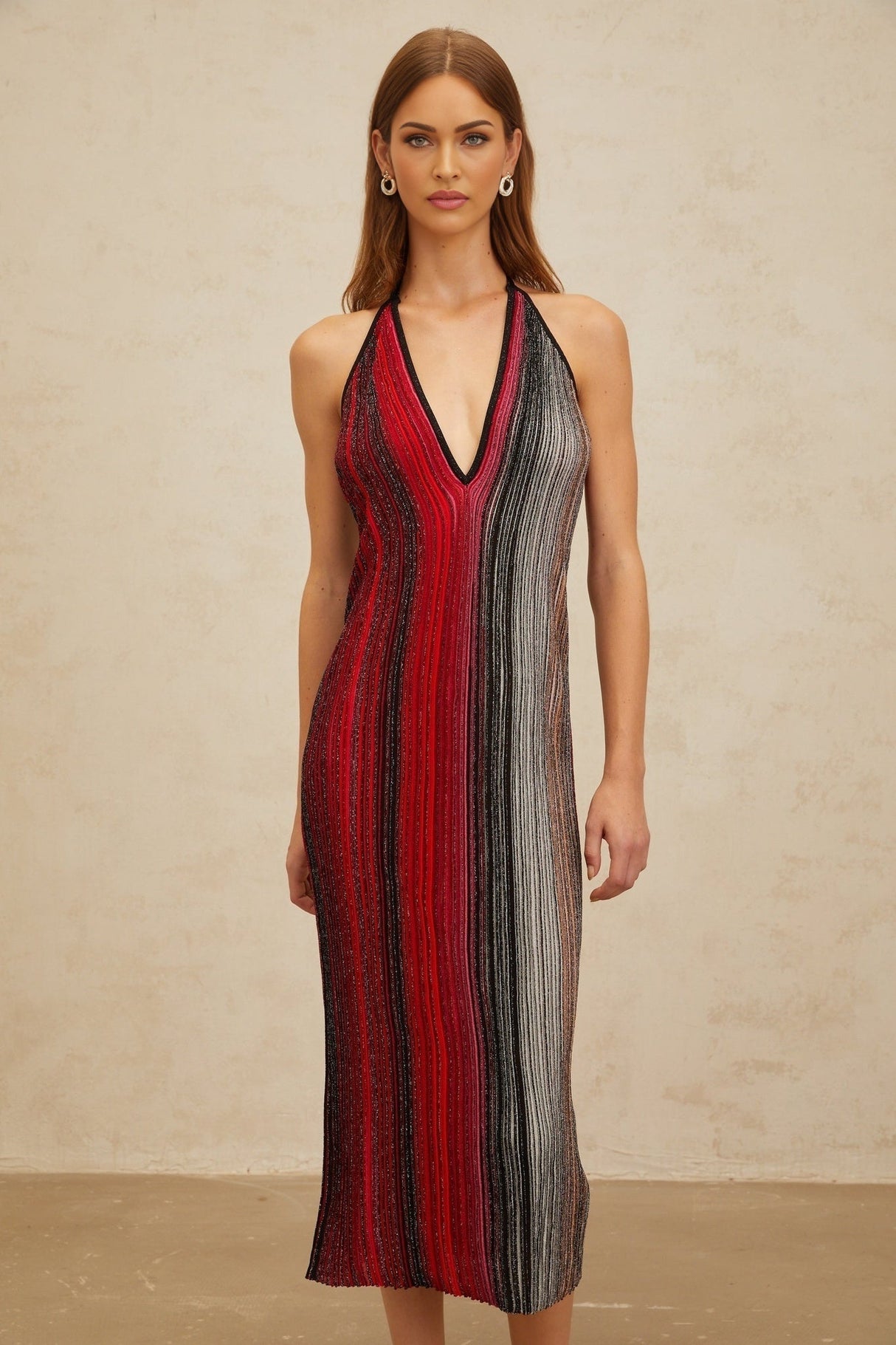 Colomba Midi Dress - Sleeveless Halterneck - Pleated Stripe Pattern - Sequin Embellishment - Metallic Threading - Rear Tie Fastening
