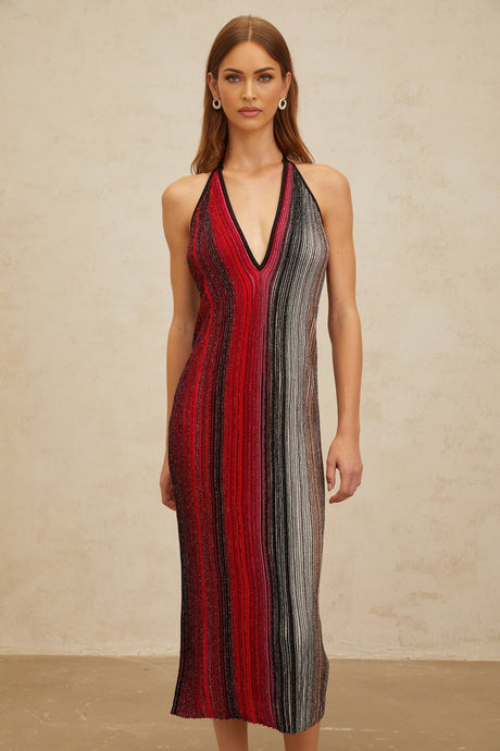 Colomba Midi Dress - Sleeveless Halterneck - Pleated Stripe Pattern - Sequin Embellishment - Metallic Threading - Rear Tie Fastening