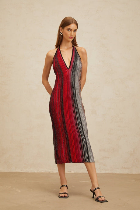 Colomba Midi Dress - Sleeveless Halterneck - Pleated Stripe Pattern - Sequin Embellishment - Metallic Threading - Rear Tie Fastening