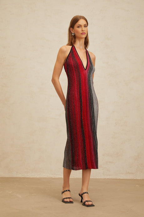 Colomba Midi Dress - Sleeveless Halterneck - Pleated Stripe Pattern - Sequin Embellishment - Metallic Threading - Rear Tie Fastening