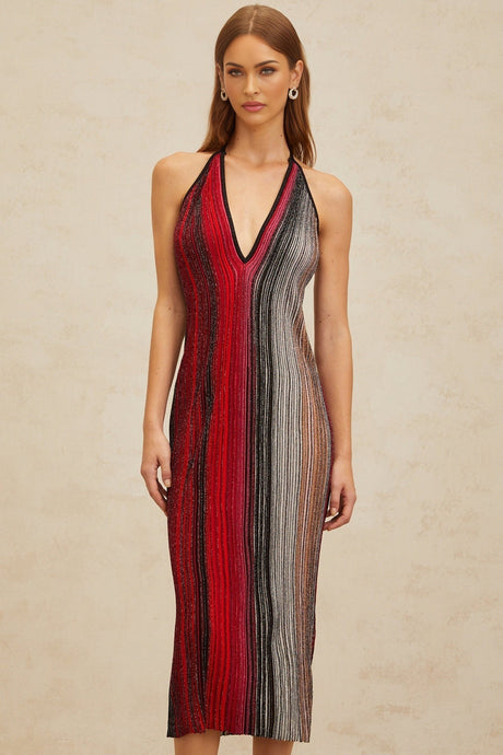Colomba Midi Dress - Sleeveless Halterneck - Pleated Stripe Pattern - Sequin Embellishment - Metallic Threading - Rear Tie Fastening