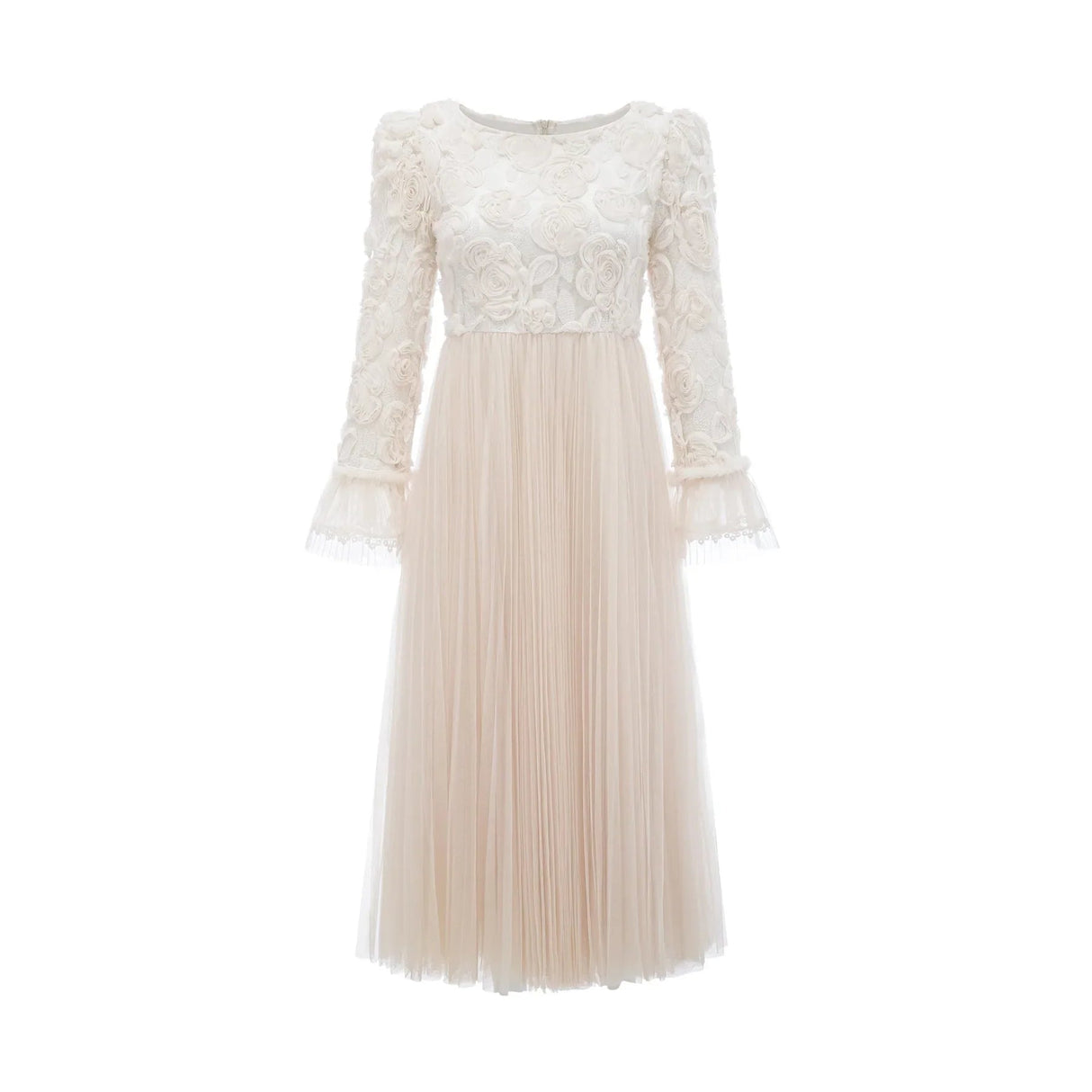 Colomba Midi Dress – Tulle Panels – Floral Appliqué – Fully Pleated