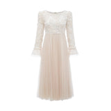 Colomba Midi Dress – Tulle Panels – Floral Appliqué – Fully Pleated