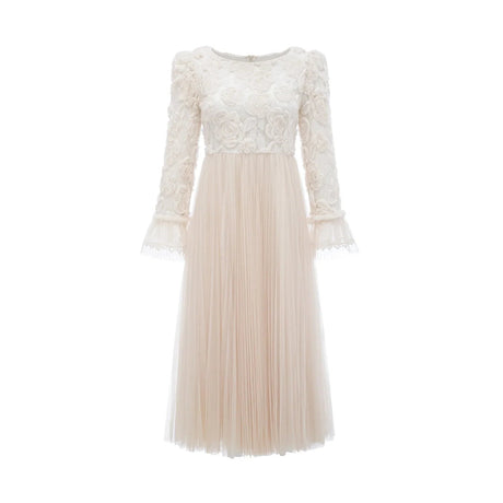 Colomba Midi Dress – Tulle Panels – Floral Appliqué – Fully Pleated