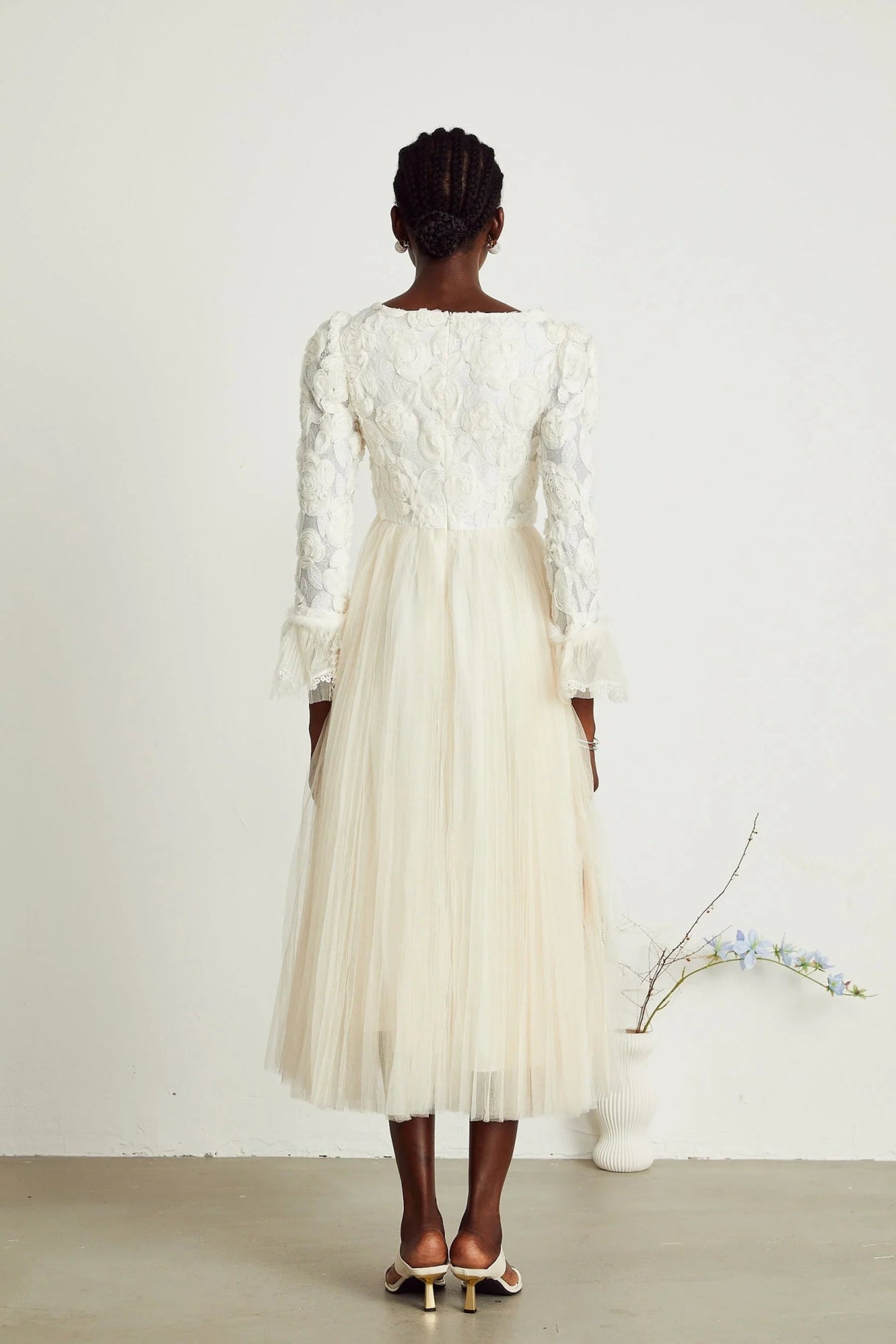 Colomba Midi Dress – Tulle Panels – Floral Appliqué – Fully Pleated
