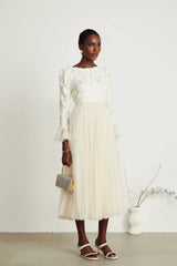 Colomba Midi Dress – Tulle Panels – Floral Appliqué – Fully Pleated
