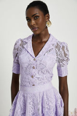 Colomba Skirt & Top Set - Lace Embroidery - Notched Lapels - Faux - Flower Embellishment - Mini Length